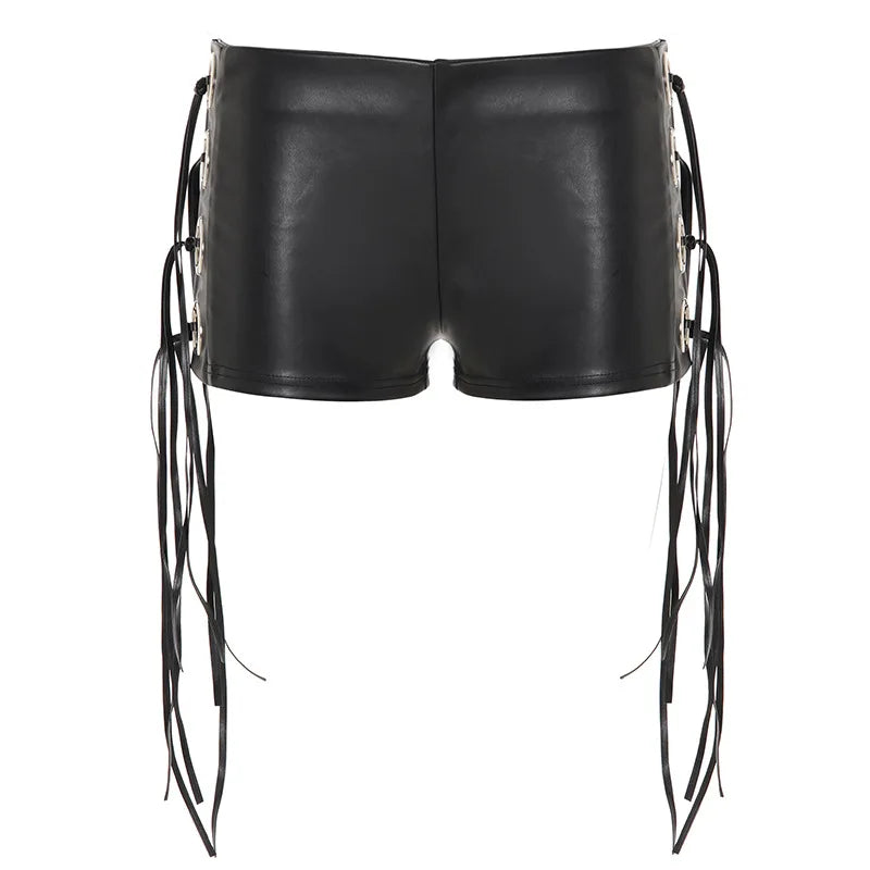 Cyflymder  Punk Style Y2k Side Grommet Tassel Pu Leather Shorts Women Fashion Sexy Low Waist Zipper Peach Hip Slim Night Clubwear Bottoms