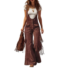 Cyflymder  Retro American Ladies' High-end Temperament Jumpsuit Western Suede Fringed Wide-leg Overalls Chic Adjustable Straps Trousers