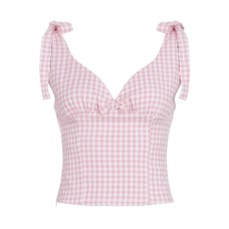 Cyflymder  Sweet Girl Summer Fashion Vacation Style Tank Tops Y2k Fashion Plaid V Neck Sleeveless Sext Backless Camisoel Korean Tops