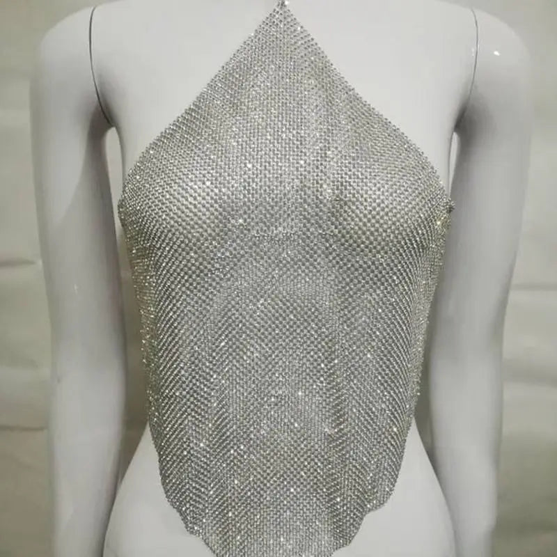 Cyflymder  Cross-Border New Summer Women's Metal Rhinestone Tank Top Sexy Spicy Girl Club Crop Top with Nelace Glittering Beads Ladies