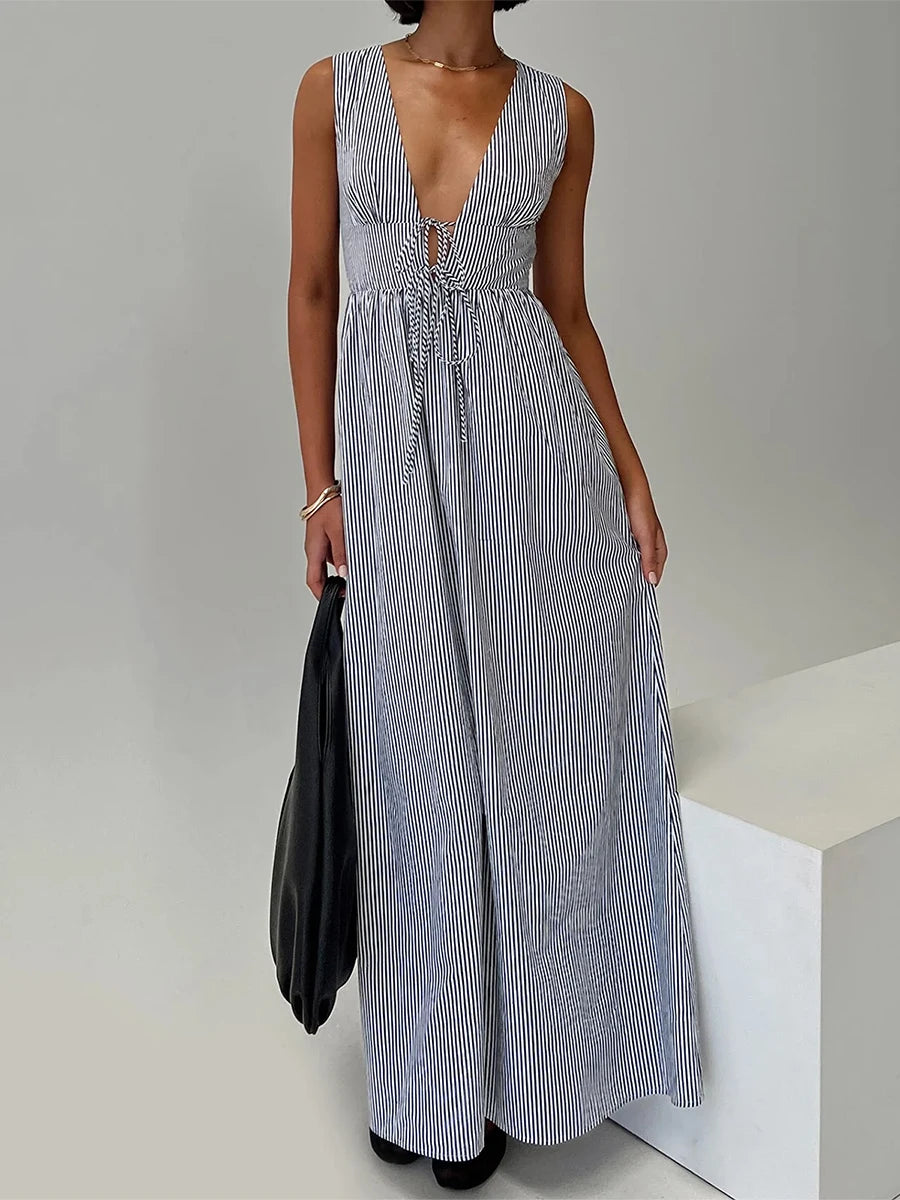 Cyflymder  Elegant Floral Print Sleeveless Maxi Dress with V-Neckline and Tie Waist Detail for Summer Wedding Party or Vacation Beachwear