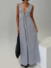 Cyflymder  Elegant Floral Print Sleeveless Maxi Dress with V-Neckline and Tie Waist Detail for Summer Wedding Party or Vacation Beachwear