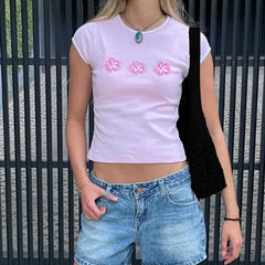 Cyflymder  Y2k Graphic Baby Tees Women Teen Girl Floral Print Crop Top Short Sleeve Slim Fit Vintage T Shirt Boho Beach Clothes