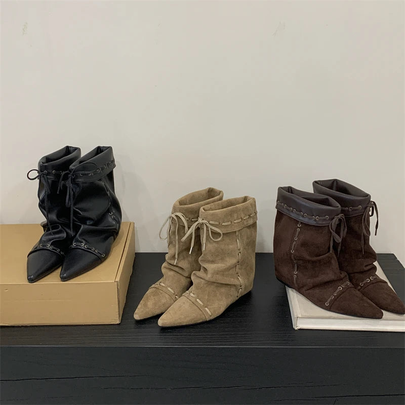 Cyflymder  Autumn Winter Soft Suede Pointed Toe Ankle Boots Women Fashion Lace Up Punk Style Modern Short Boots Ladies Wedges Party Heels