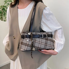 Cyflymder  New Handbag Boho Shoulder Bag Bell Pendant Lightweight Tote Bag Plaid Underarm Bag Women Soft PU Checked Tote Cloth Shopping Bag