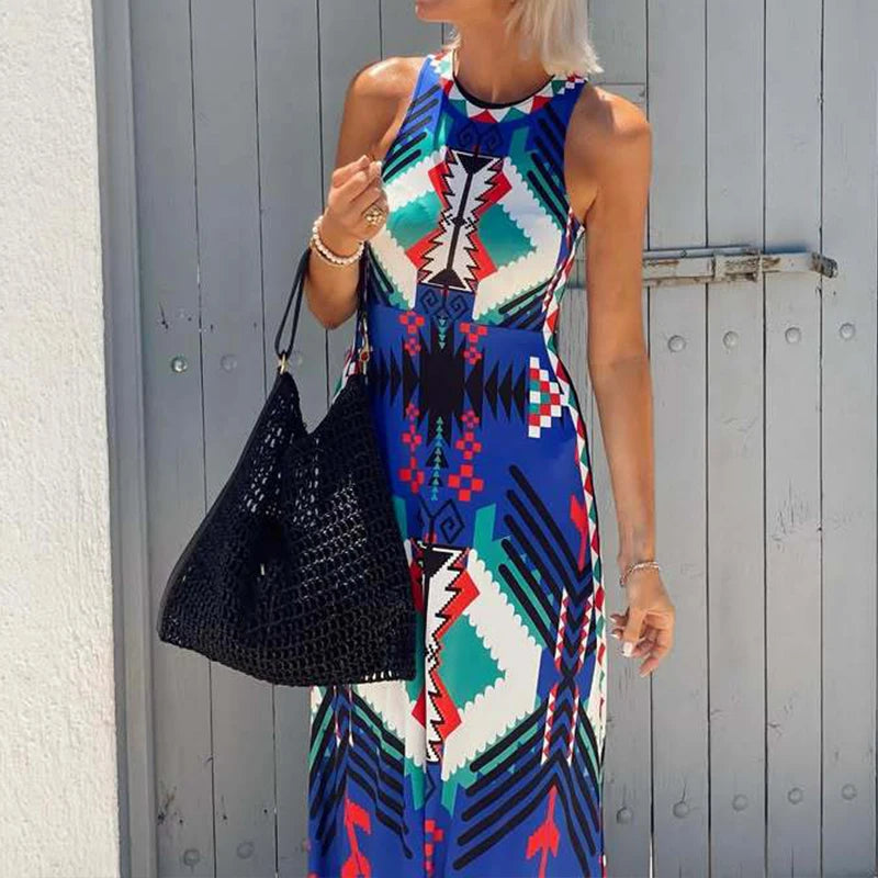 Cyflymder  New Elegant O-neck Bohe Vacation Dress Women's Fashion Pattern Printed Beach Long Dress Casual Sleeveless Slim Fit Party Dresses