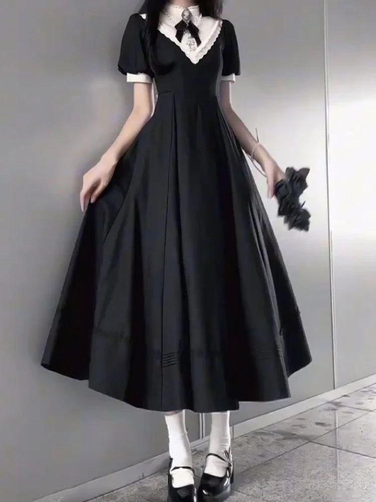 Cyflymder  Elegant Spliced O Neck Short Sleeve A-line Long Dress Y2k Euramerican High Street Gothic Women Dress Vintage Lolita Punk Clothes