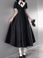 Cyflymder  Elegant Spliced O Neck Short Sleeve A-line Long Dress Y2k Euramerican High Street Gothic Women Dress Vintage Lolita Punk Clothes