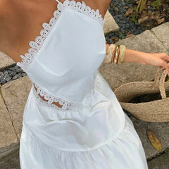 Cyflymder  Women Stylish Summer Two Piece Set Lace Trim Cami Top And Tiered Maxi Skirt Boho Female Versatile Date Vacation Party Beachwear