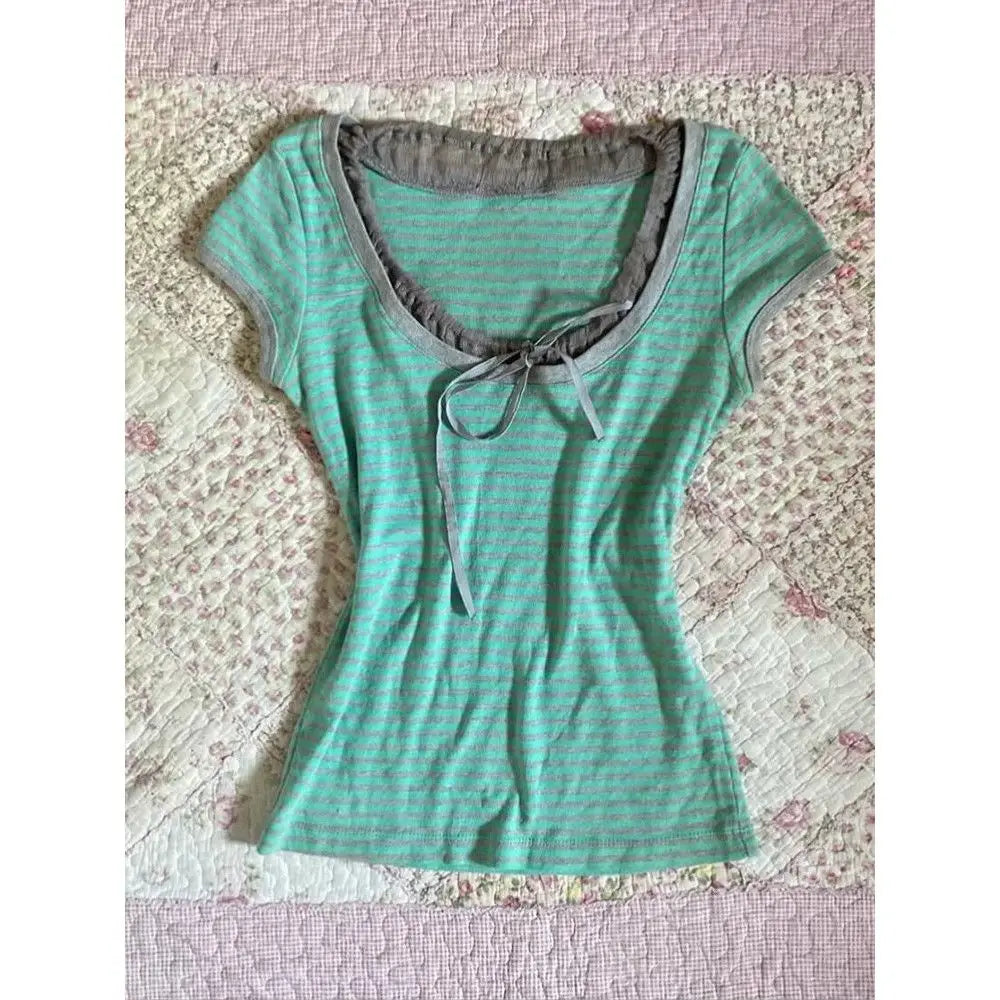 Cyflymder   Green Striped O Neck Fashion Versatile Short Sleeved T-shirt Women Summer New Outfit Wearing Spicy Girl Slim Top Ins
