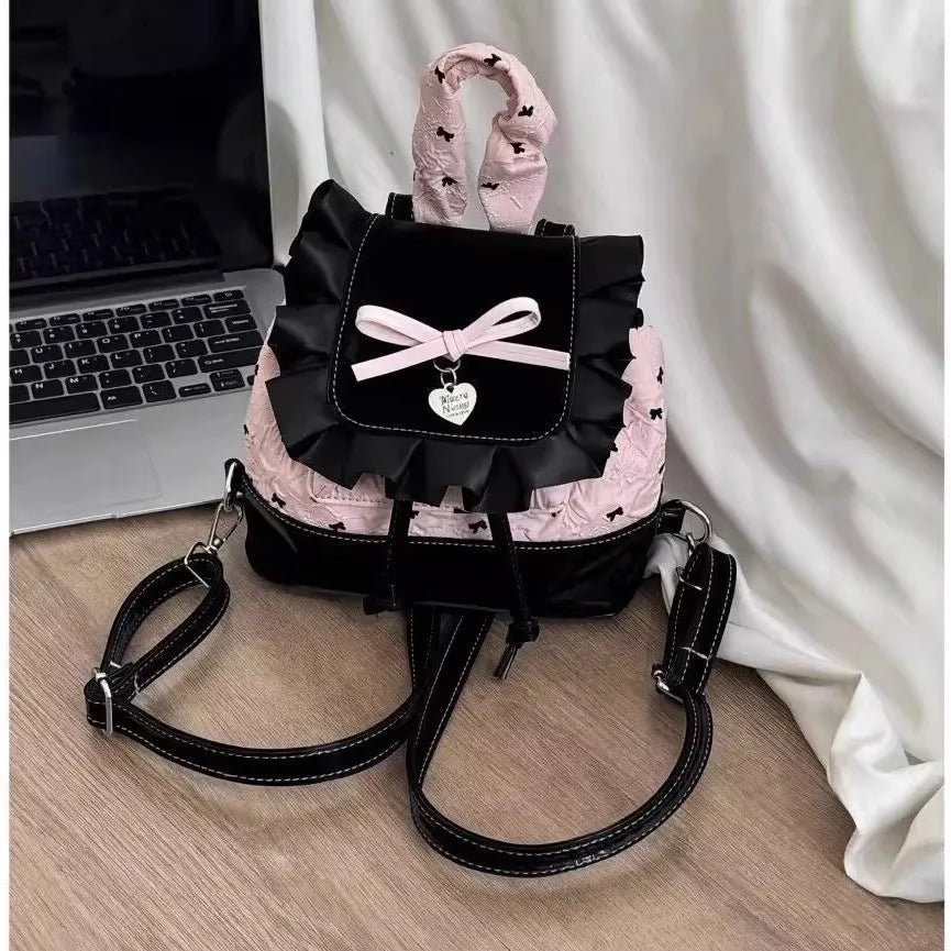 Cyflymder  Lolita Black Pink Bow Ruffled Backpack Women Girls Compact Sweet Edgy Commuter Versatile Rucksack Ladies Elegant Mochilas Mujer