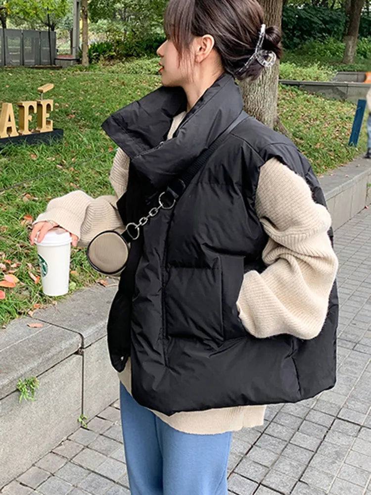 Cyflymder Korean Chic Thick Puffy Vest Women Winter Warm Streetwear Parkas Jacket Simple Loose Zipper Casual Cotton Down Solid Vest