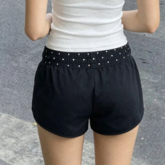 Cyflymder  Women's Casual Summer Shorts with Polka Dot Elastic Waist With Floral Embroidery Drawstring Tie Side Pockets Loose  Mini Bottoms
