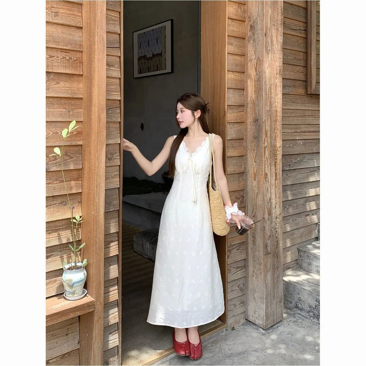Cyflymder  White V-neck Lace-up Waist Vest Dress Women's Summer Sleeveless Backless Dress