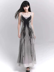Cyflymder  Retro Ink Butterfly Tie Dye Camis Dress Women Summer Slim Sleeveless Midi Dress Y2K Korean Sweet Mesh Spaghetti Straps Vestidos
