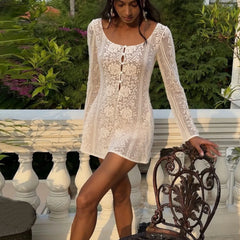 Cyflymder  Autumn Women Floral Lace Patchwork U Neck Long Sleeve Bodycon Slim Waist Dress with Side Zipper