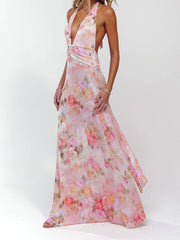 Cyflymder  Elegant Floral Print Maxi Dress Sleeveless Halter Neckline with Open Back Women s Summer Party Gown in Polka Dot Pattern