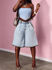 Cyflymder  Spring Women's Clothing Contrast Trim High Waist Denim Shorts For Woman Light Wash Ripped Jean Shorts Cotton Five Inch Length
