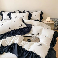 Cyflymder 4pcs Rose Embroidered Duvet Cover Set (1*Duvet Cover 1*sheet 2*Pillowcase ), Princess Style Lace Bedding Set ﻿
