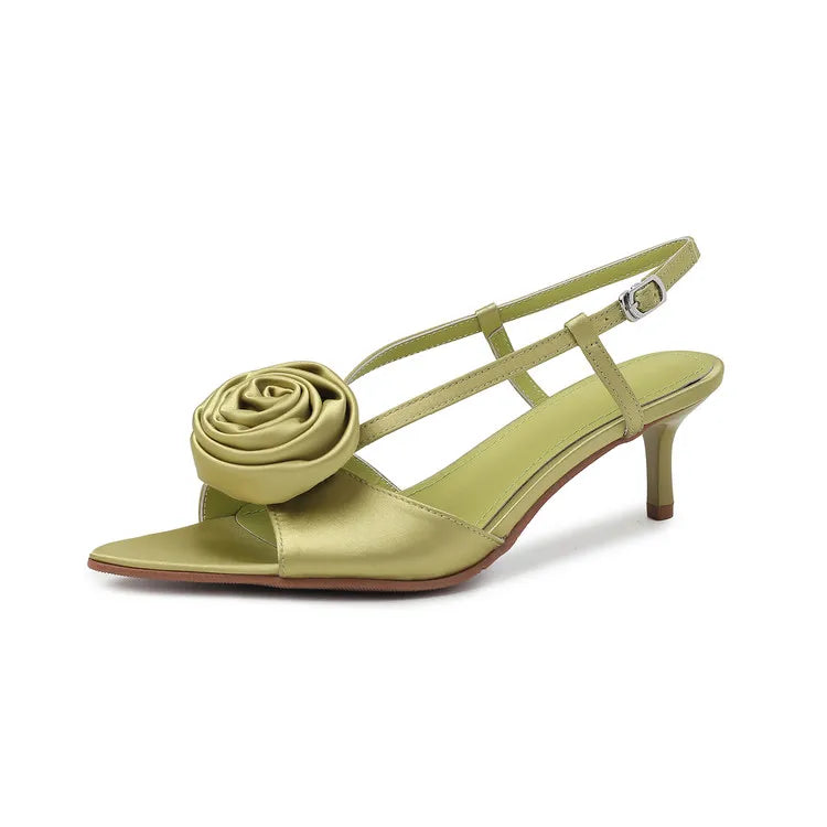 Cyflymder  Green Satin Shallow Women Sandals Flowers Decor Pointed Toe Summer Dress Slingback Pumps Black Thin High Heels Party Sandalias