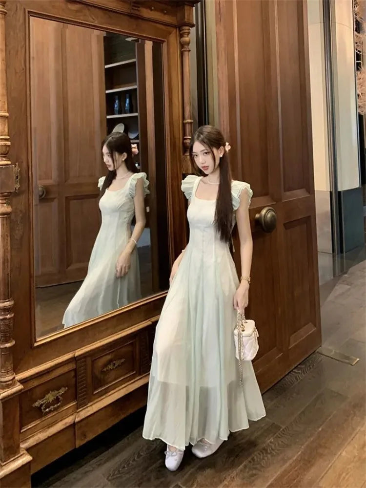 Cyflymder  Dresses Women Gradient Flying Sleeve Ruffles Bandage French Style Sweet Elegant Summer Fashion Dress Party Female