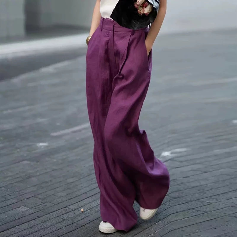 Cyflymder  Summer New Sle Purple Cotton Linen Wide Leg Pants Women's Casual Suit Pants High Waist Straight Leg Thinming Commute Wind