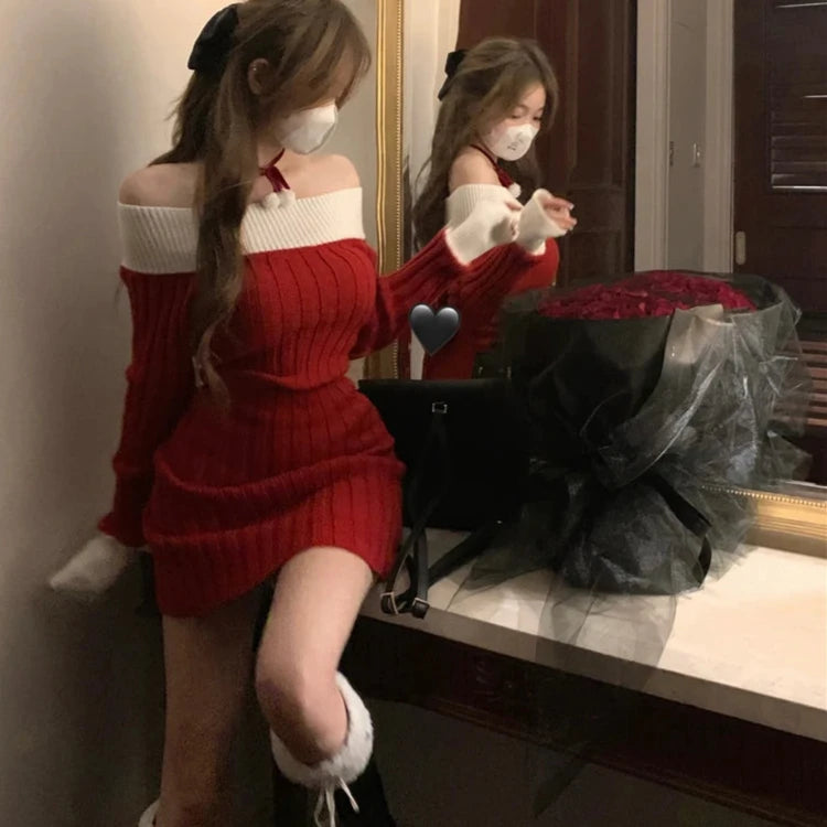 Cyflymder Sexy Red Christmas Dress Women Autumn Winter Korean Style Slash Neck Bodycon Knitted Dresses Female Elegant Y2k Party Mini Dress