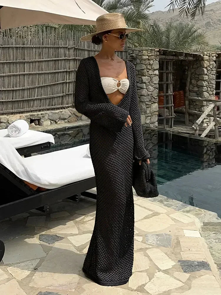 Cyflymder  Sexy U-neck Bell Sleeve Knit Maxi Dress Summer 2024 Women Swimwear Feminine Bikinis Cover-ups Holiday Crochet Beach Outfit K21