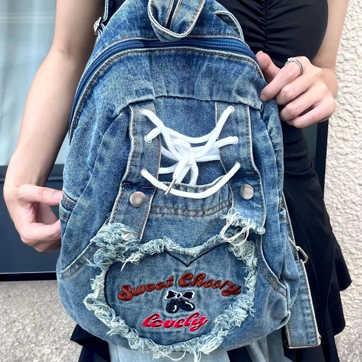 Cyflymder  Cute Pink Denim Women Backpacks Large capacity shoulder Bags Girls School Bags Embroidered letters daypacks Travel Jean Bagpack