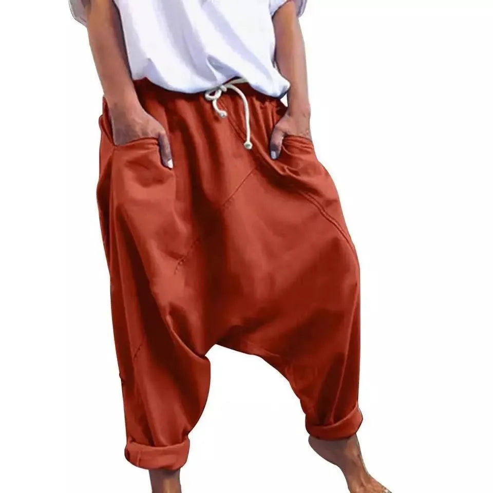 Cyflymder  Women Harem Pants Cotton Drawstring Waist Harem Trousers Wide Leg Drop Crotch Pants Hip Hop Side Pockets Baggy Pants Rolled Cuff