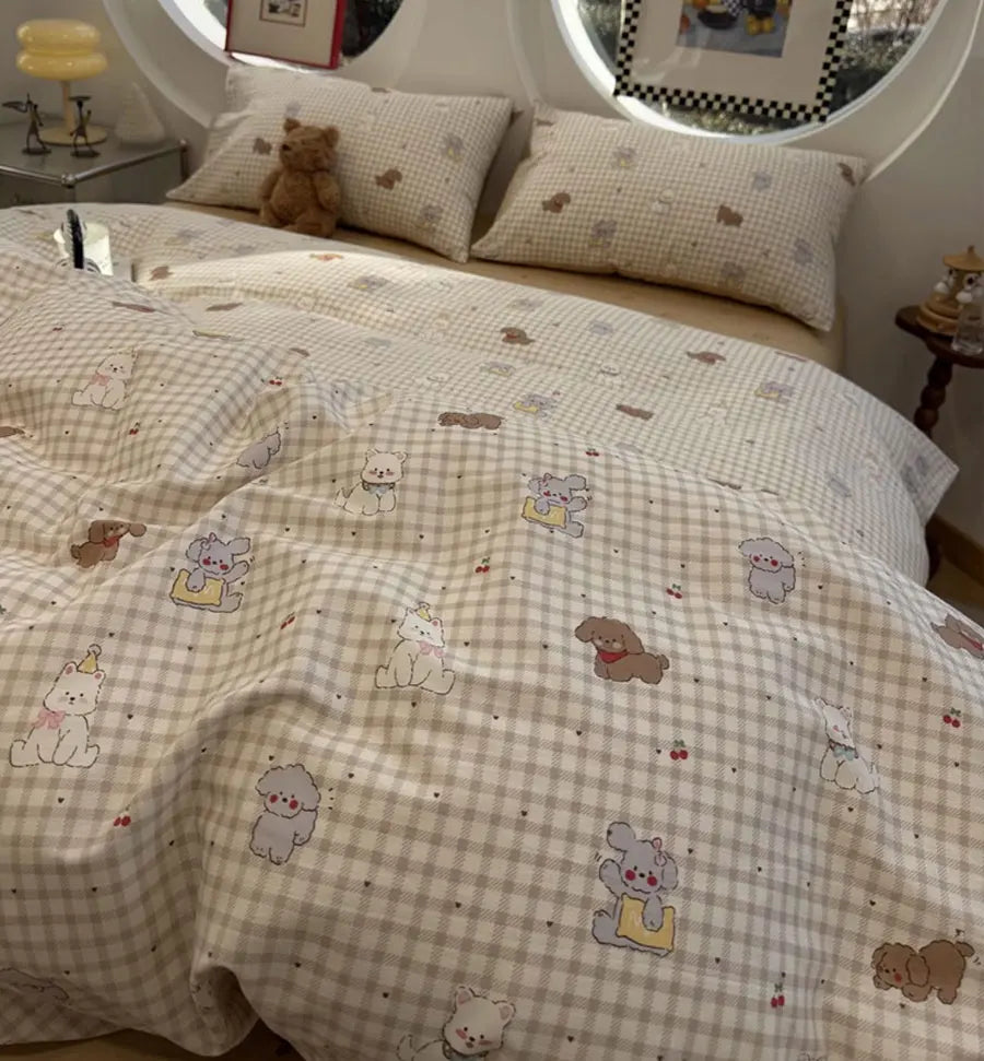 Cyflymder  cute cartoon dog cherry brown plaid bedding set teen,twin full queen lovely cotton home textile sheet pillow case quilt cover
