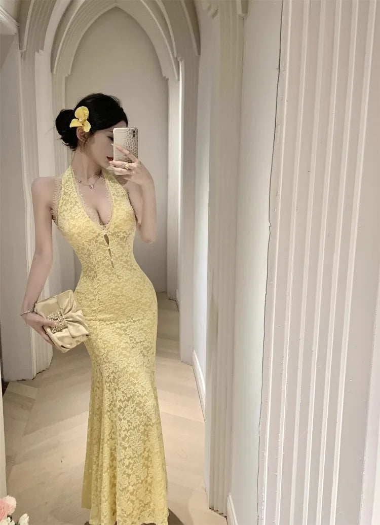Cyflymder  Sexy Dresses Women Sleeveless Halter Backless Lace Patchwork Slim Stretch Hollow Out Backless Elegant Mermaid Dress Party