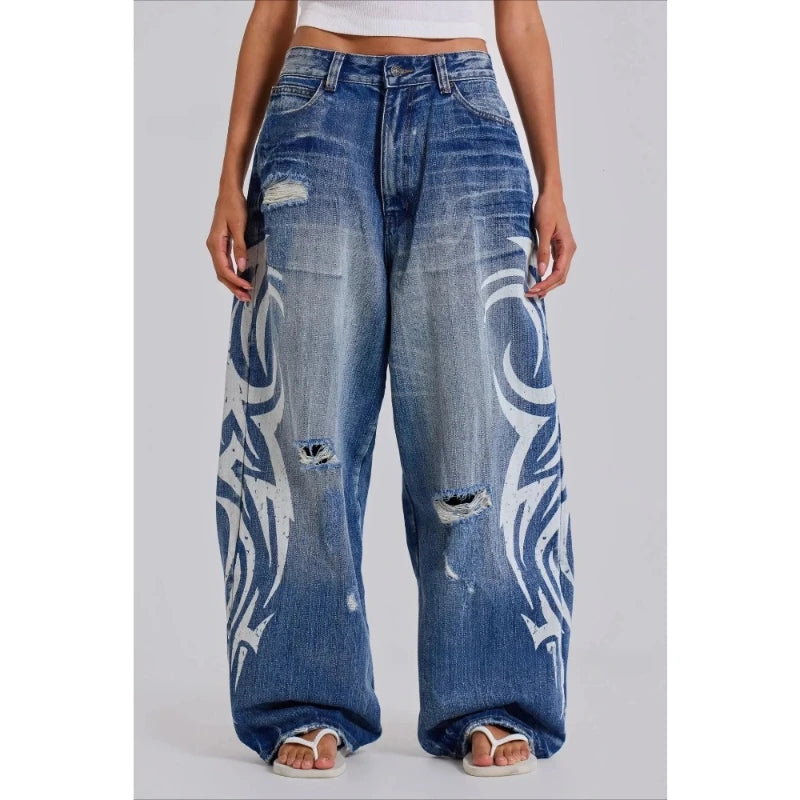 Cyflymder  Vintage Y2k Ripped Jeans Women Harajuku Print Blue Baggy Distressed Denim Trousers Hip Hop Grunge Streetwear Wide Jeans