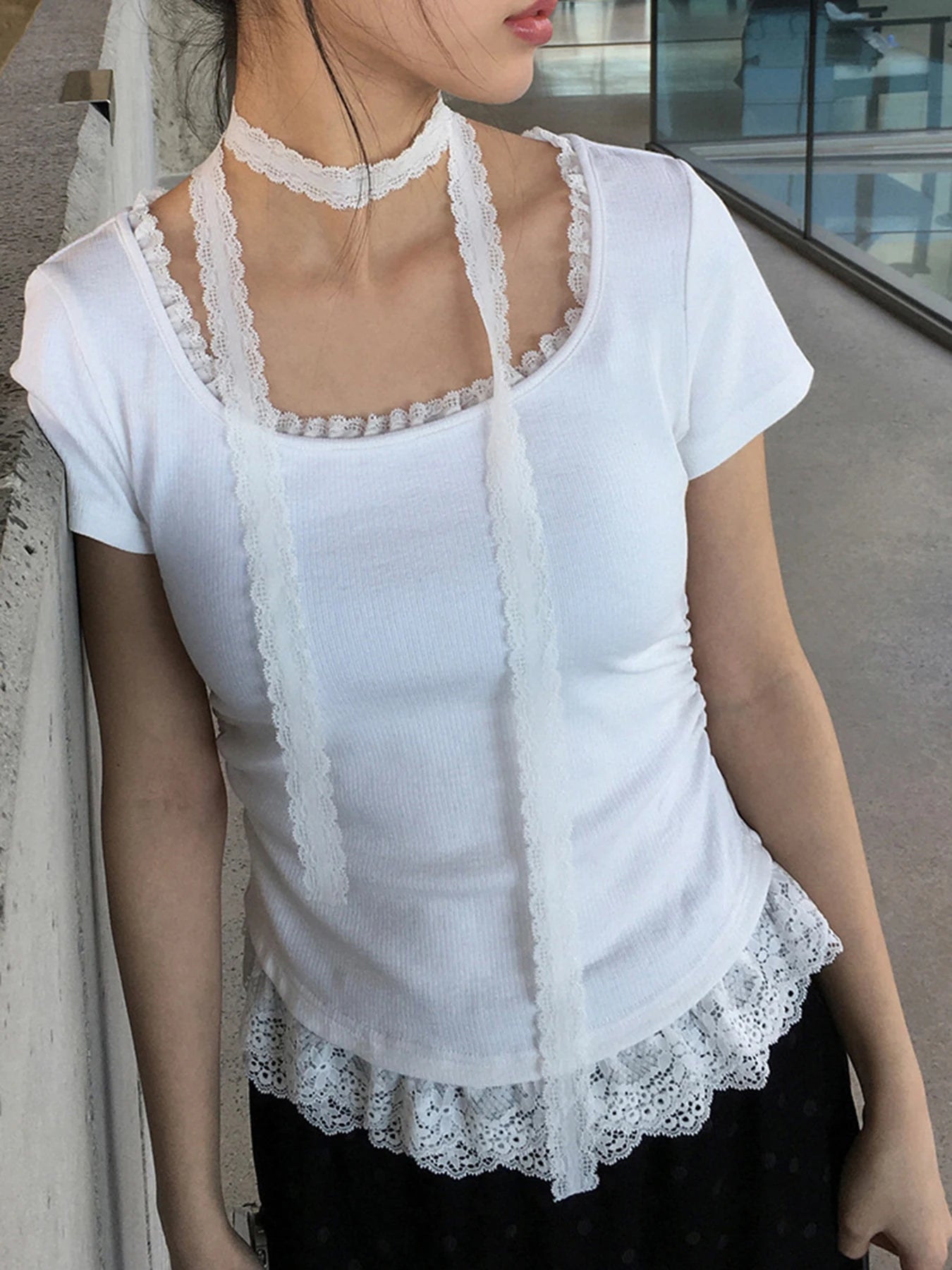 Cyflymder  Casual Lace Trim Folds T Shirt With Scarf Sweet Slim Solid Square Collar Short Sleeve Tees Women 2025 Summer Fashion