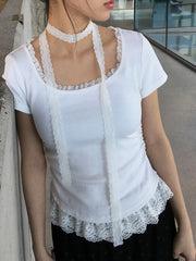 Cyflymder  Casual Lace Trim Folds T Shirt With Scarf Sweet Slim Solid Square Collar Short Sleeve Tees Women 2025 Summer Fashion