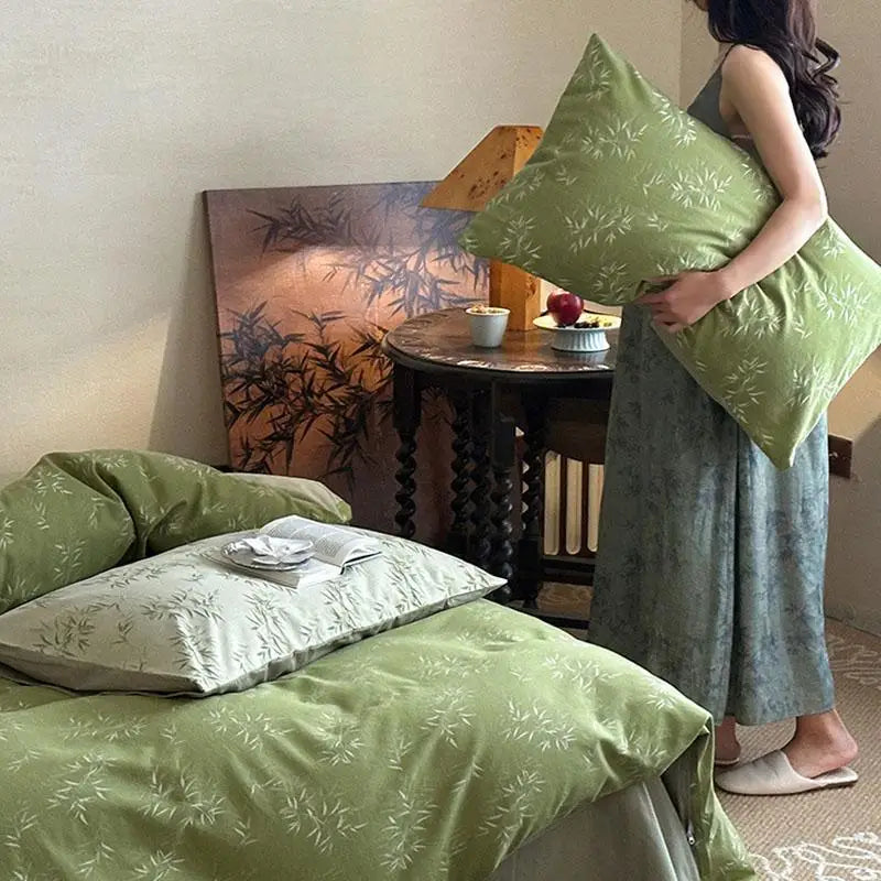 Cyflymder  Green 100% Cotton Bamboo Leaf Jacquard Bedding Sets New Soft and Comfortable Quilt Set for Home Adult Kids Fitted Sheet Kit