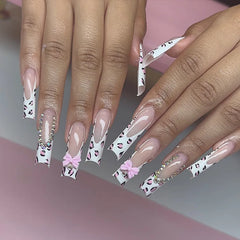 Cyflymder  24Pcs Long Square Head Press on Nails Pink Leopard Print French Design False Nails 3D Bow Detachable Full Cover Fake Nails Tips