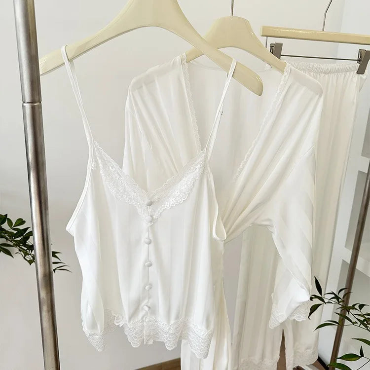 Cyflymder  Sexy Lace Trim Women Pajama Set 3PCS Faux Silk Robe Sleeveless Top Long Pant HomeWear Spring Summer Nightwear Elegant Loungewear