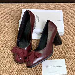 Cyflymder   Vintage Square Toe High Heels for Women,Designer Bowknot Block Heel Slip-On Pumps,New Elegant Versatile Leather Shoes for Party