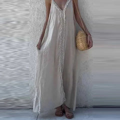 Cyflymder  New Summer Solid Color Loose Evening Dress Elegant V-neck Linen Vacation Style Dress Fashion Ruffles Sleeveless Long Sling Dress
