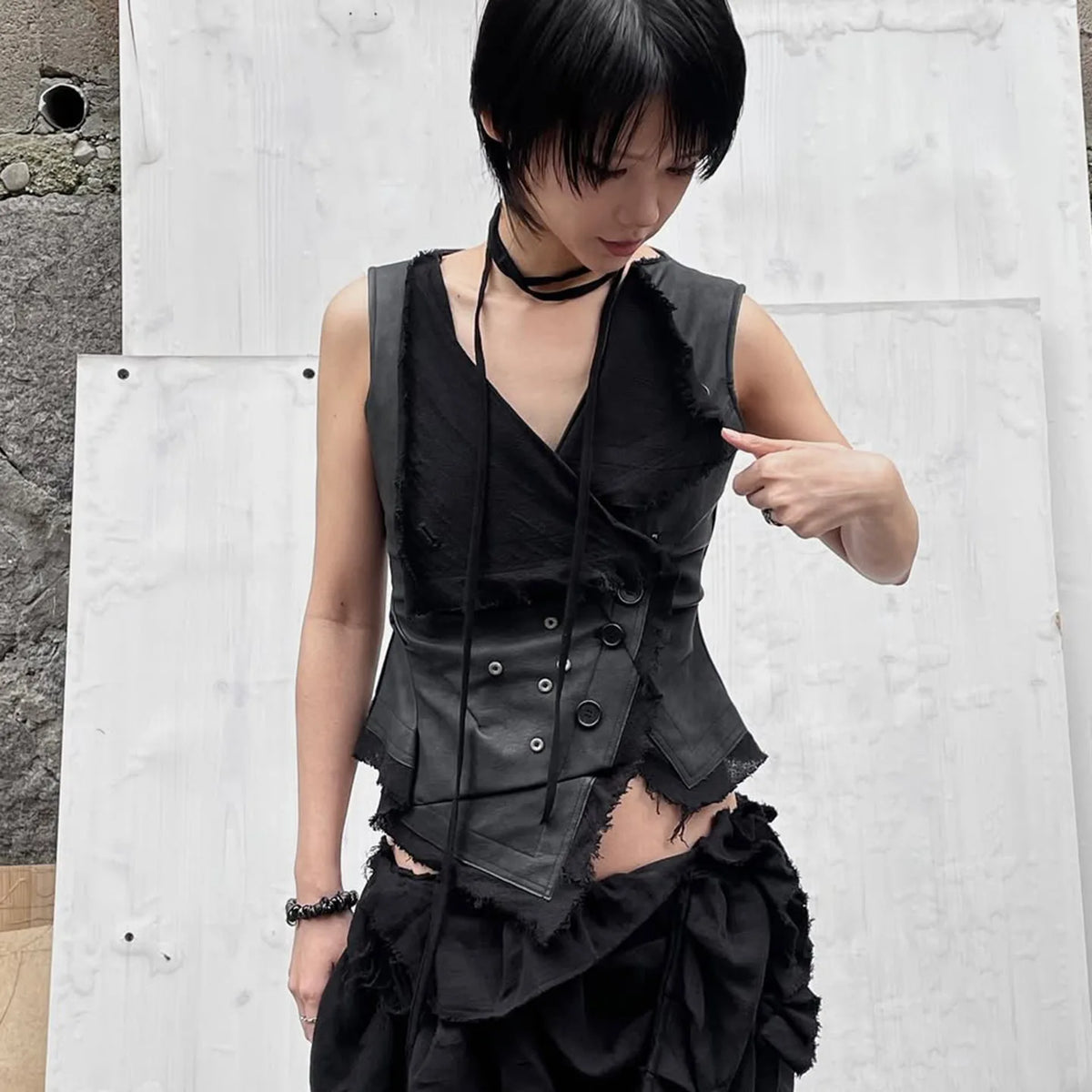 Cyflymder  New Euramerican Gothic High Street Punk Turn Down Collar Sleeveless Vest Lrregular Punk Buttons Slim Tops Spliced Retro Tank Top