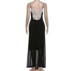 Cyflymder  Sequins Butterfly Backless Mesh Camisole Maxi Dress Women Sexy V Neck Spaghetti Straps Bodycon Party Long Robe Vacatioin Outfits