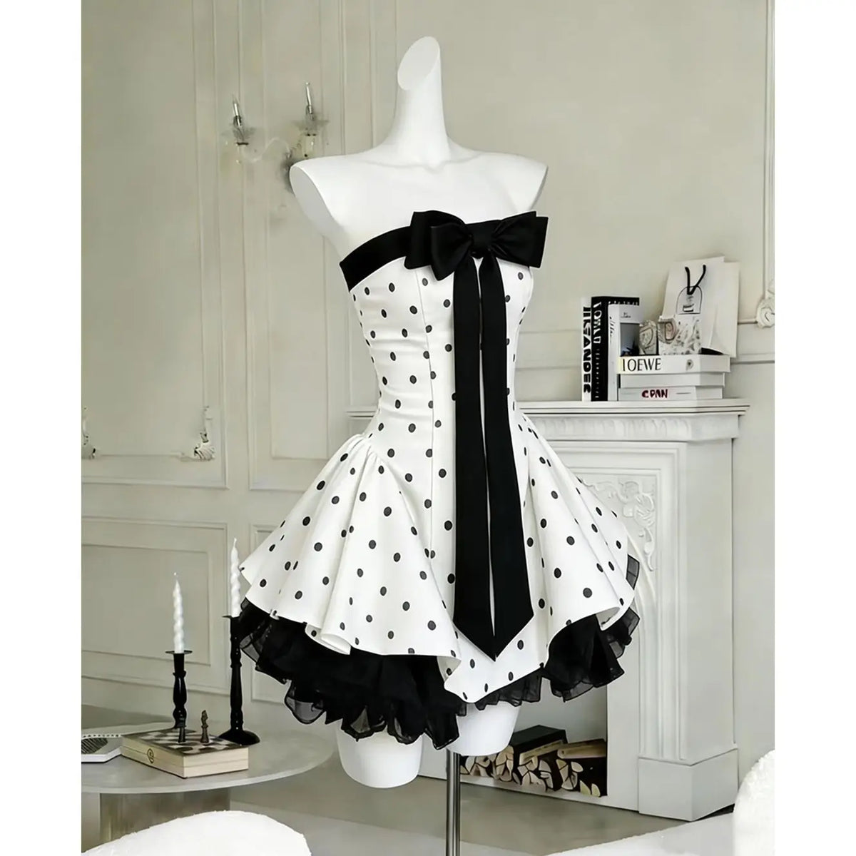 Cyflymder  Elegant Temperament Bow Tube Top Dress New Waist Polka Dot Skirt
