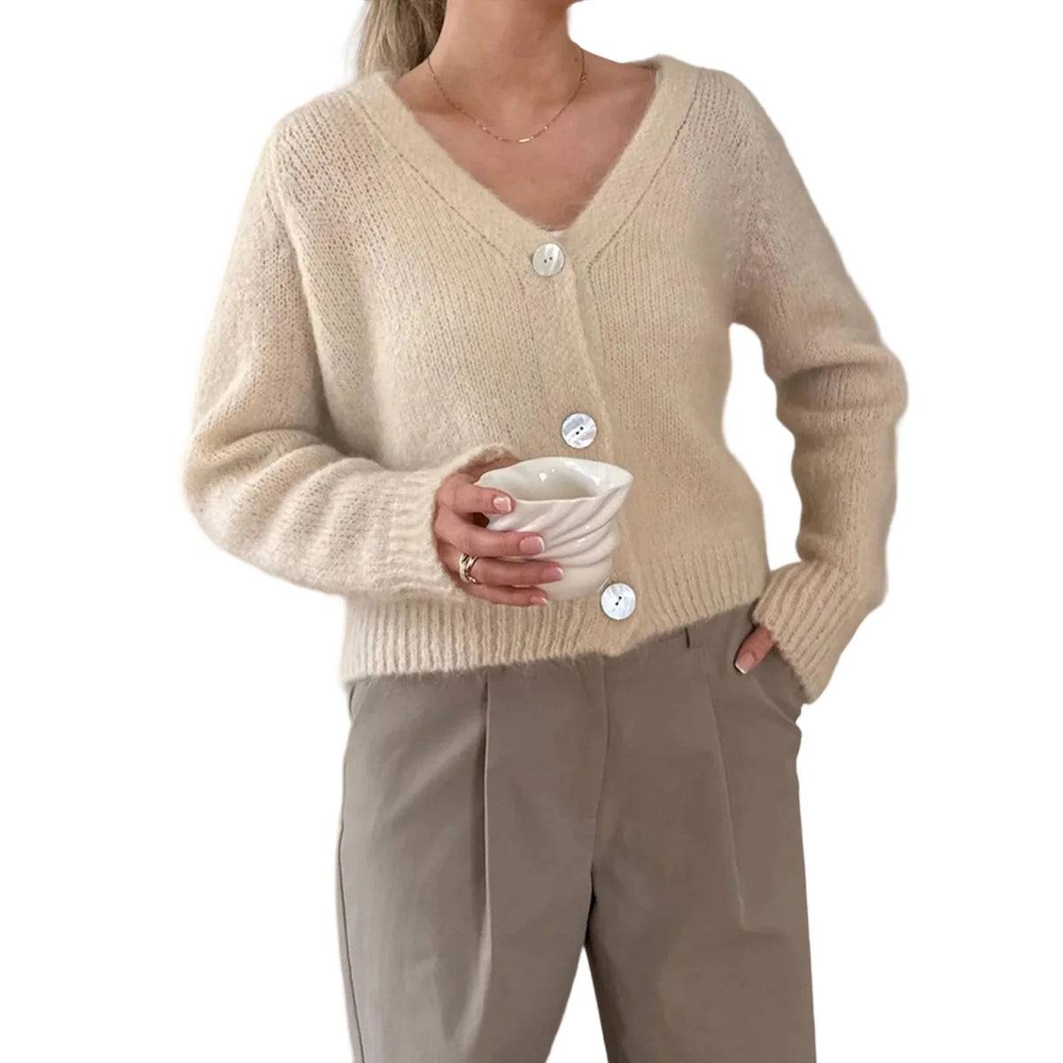 Cyflymder  Ladies Classic Knit Cardigan with V Neckline Long Sleeves and Button Closure - Stylish Cropped Sweater for Autumn Casual Wear