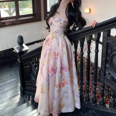 Cyflymder  3D Floral Camisole Dresses Women Summer Splicing Princess Fluffy Loose Long Short Pullover High Waisted V-neck A-line Skirt New