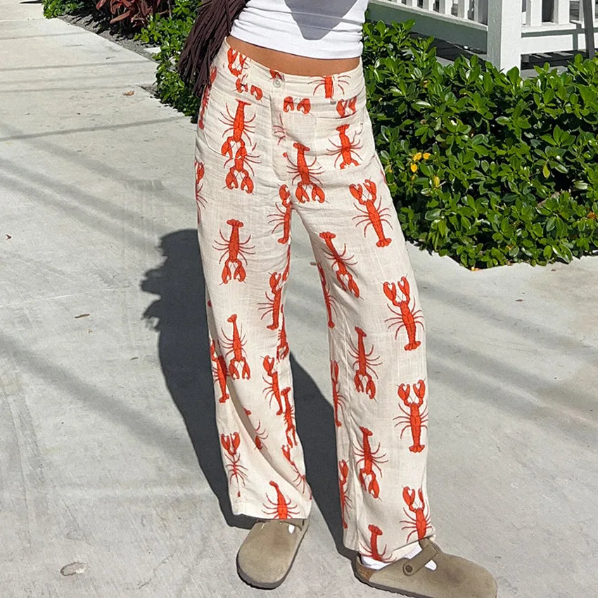 Cyflymder  New Personalized Lobster Printing Casual Trousers Women's 2026 Spring and Summer Design Sense Fashion Commuter Straight Pants