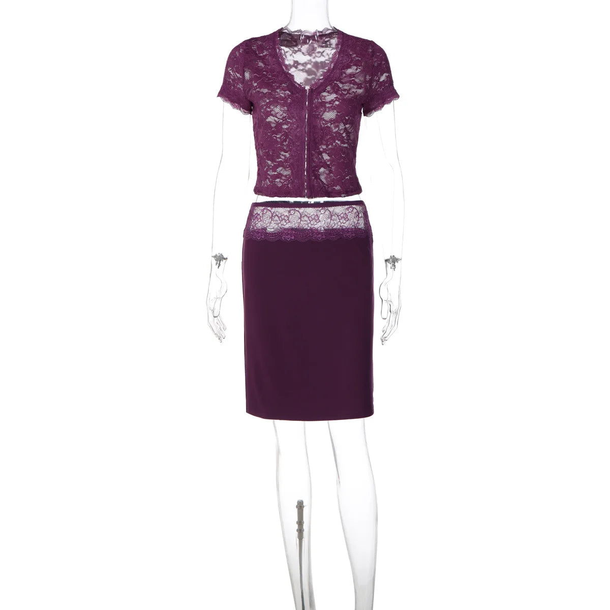 Cyflymder  Sheer Lace Patchwork Women Mid Skirt Set V Neck Short Sleeve Top Slim Sexy Single Breasted 2 Piece Clubwear Summer Outfit