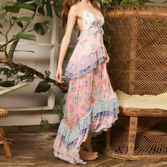 Cyflymder  Women s Floral Halter Dress Stylish Print Multi-Layered Ruffles Backless V Neck A Line Long Dress for Summer