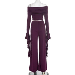 Cyflymder   Fashion 2 Piece Set Women Elegant Ruched Slash Neck Off Shoulder Ruffles Flare Long Sleeve Crop Tops + Wide Leg Pants Suits