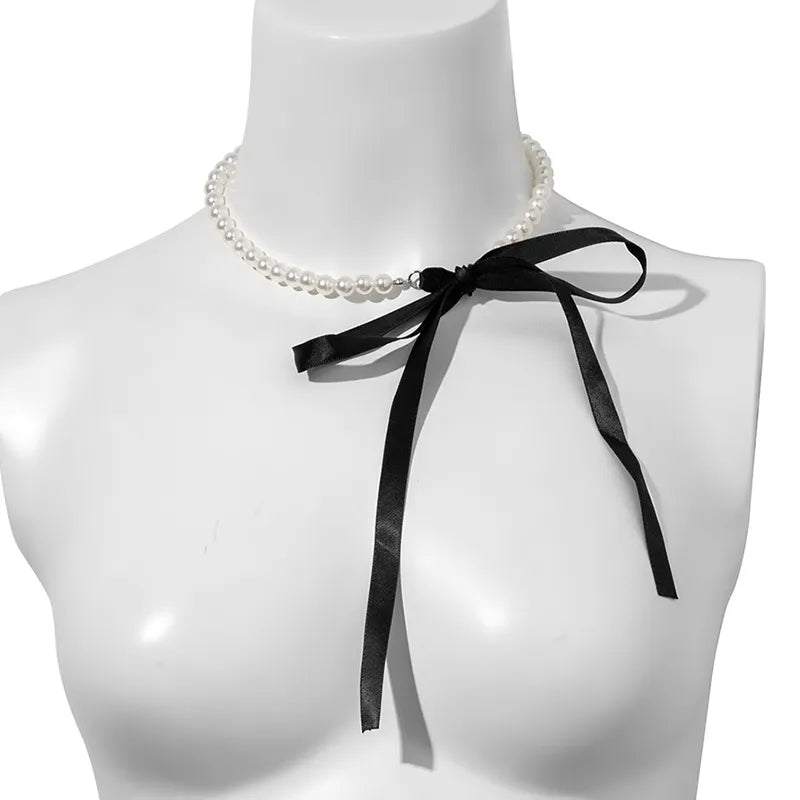 Cyflymder Trend Wedding Party Jewelry Long Black Ribbon Choker Necklace For Women Elegant White Imitation Pearl Beach Vacation Necklaces